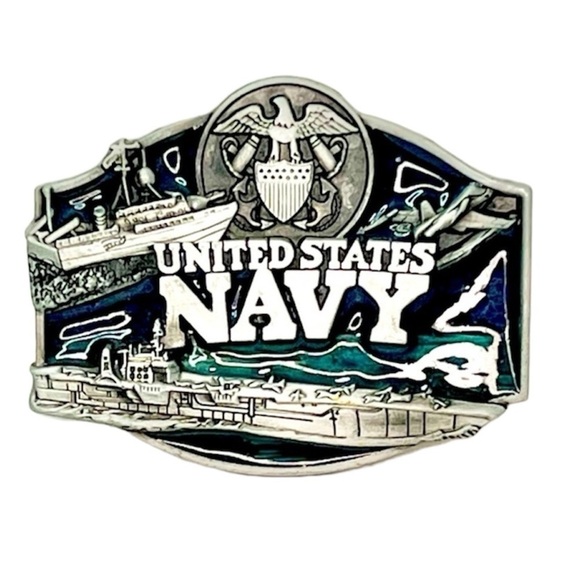 Vintage United States Navy Armed Forces Belt Buckle Metal Alloy Pewter Enamel - Picture 1 of 7
